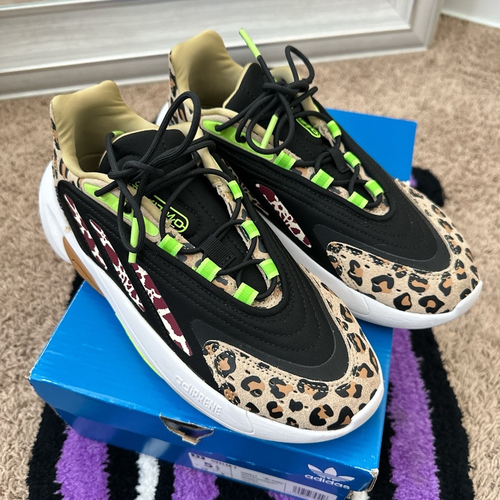 Adidas Leopard Pattern Sneakers with Neon Green Accents
